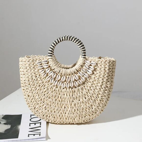 Straw Woven Tote – Cream, Shell Detail, Lined, Drawstring, Resort Beach Bag NWT - Picture 1 of 3